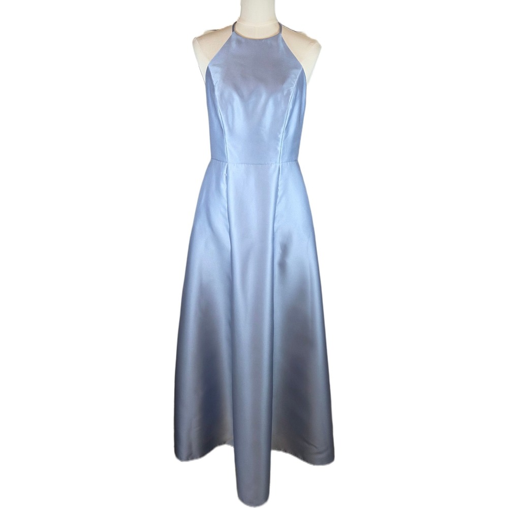 Alfred Sung Size 6 Cloudy Blue Satin High Neck Gown w/Pockets